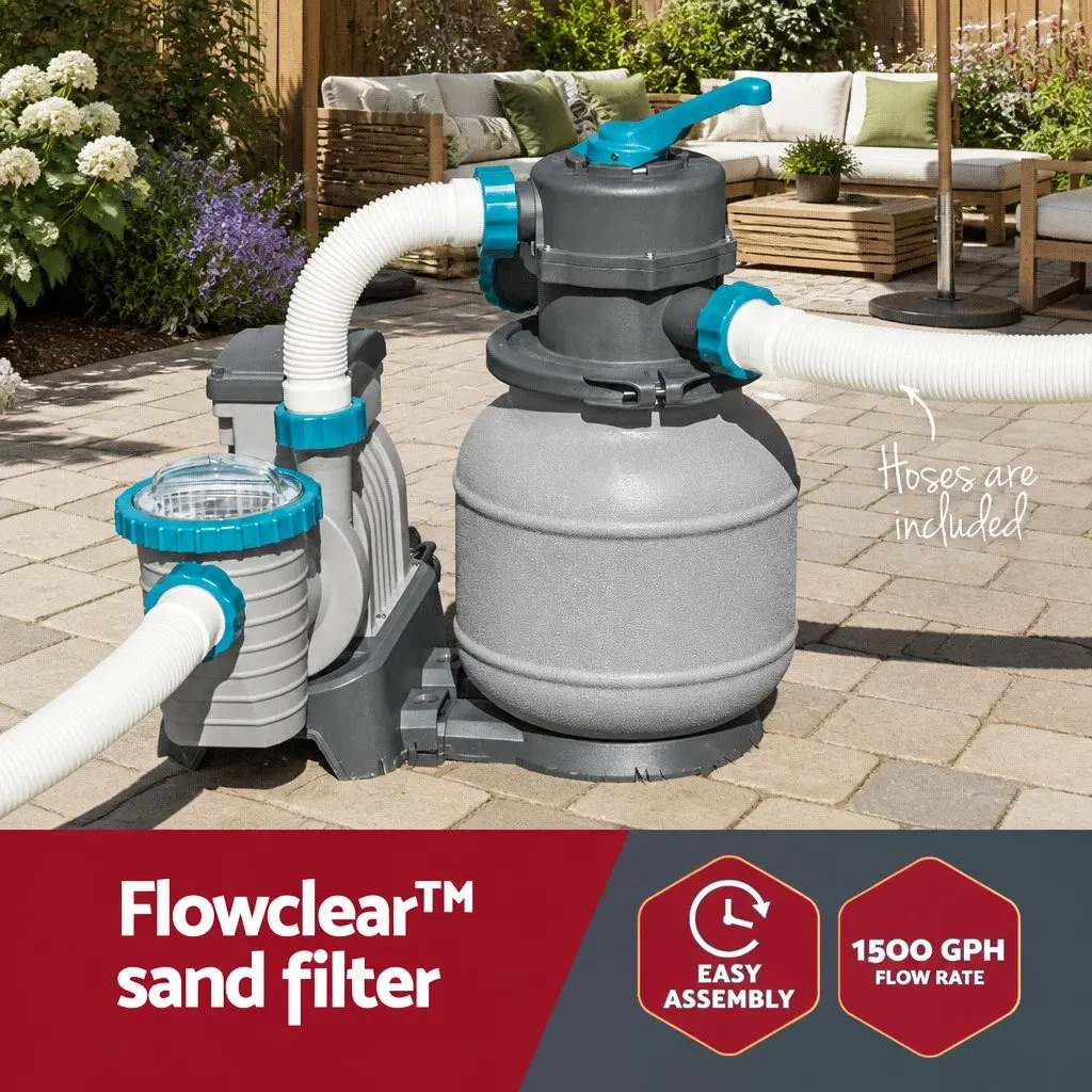 Sand Filter Pump 1500GPH Corrosion Resistant Above Ground Pool Filtration 6 Position Control Valve Easy Operation