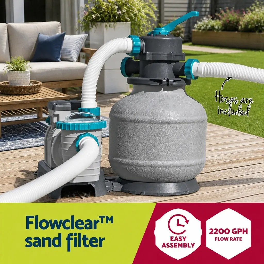 Sand Filter Pump Above Ground Pool Corrosion-Proof 2200GPH 6-Position Control Valve Easy-Access Assembly