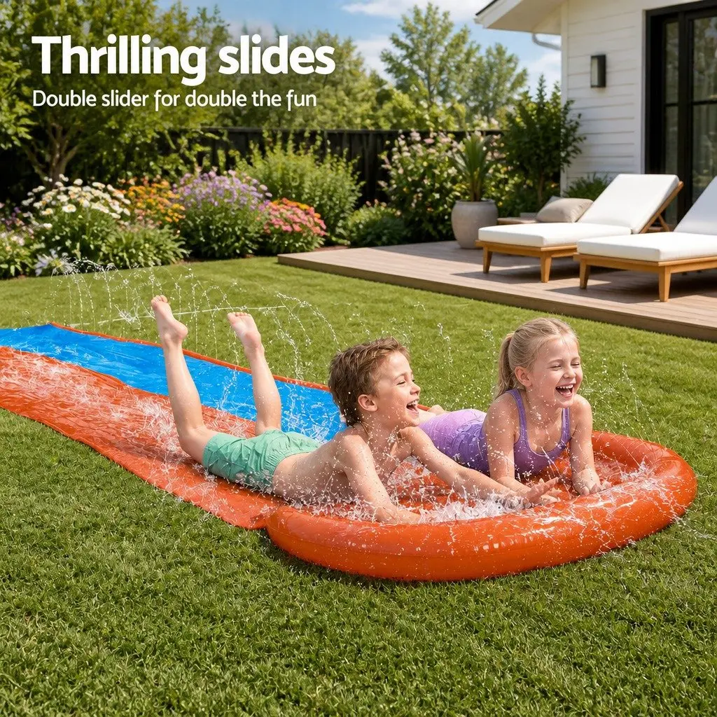 Inflatable Water Slide Orange 4.88m Dual Lanes Kids Splash Pad