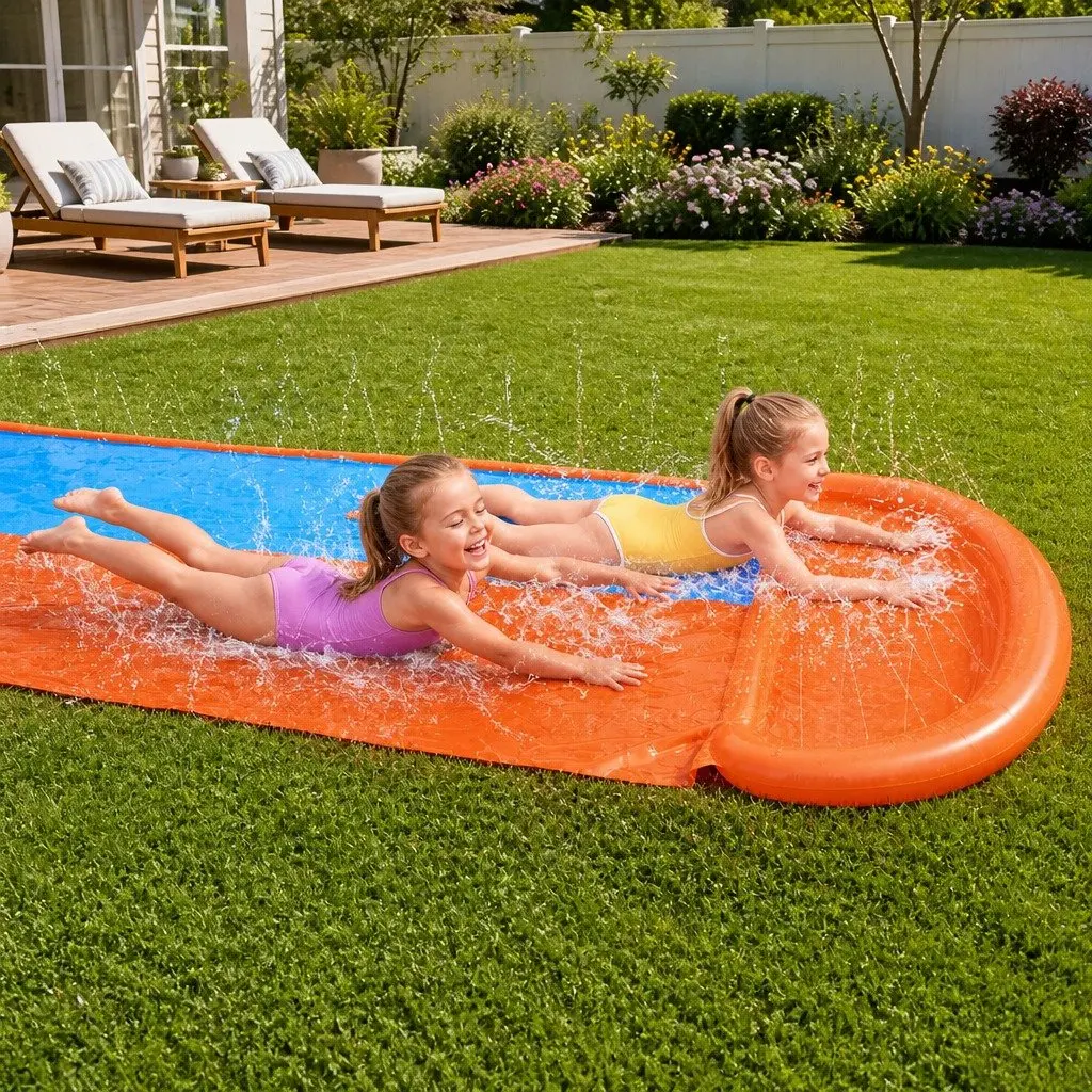 Inflatable Water Slide Orange 4.88m Dual Lanes Kids Splash Pad