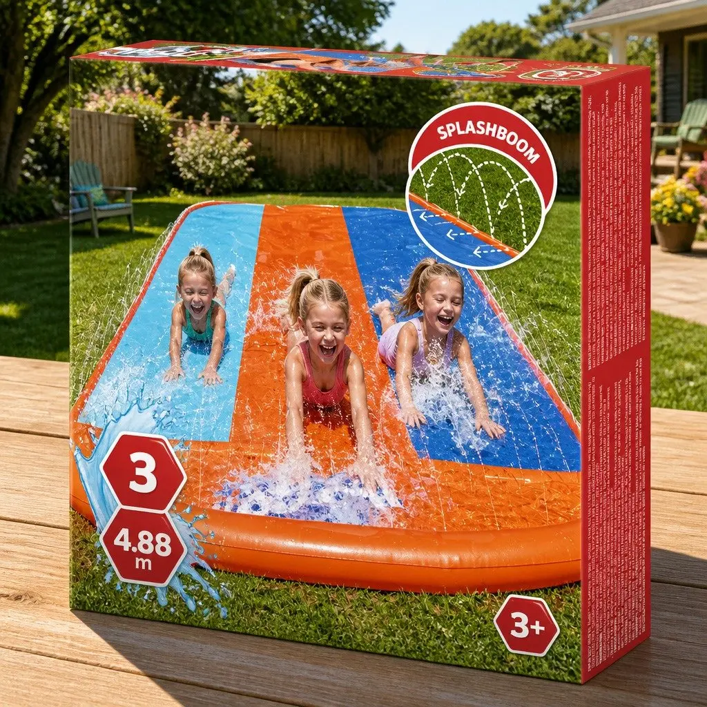 Inflatable Water Slide Orange 4.88m Triple Lanes Kids Backyard Pool Toy