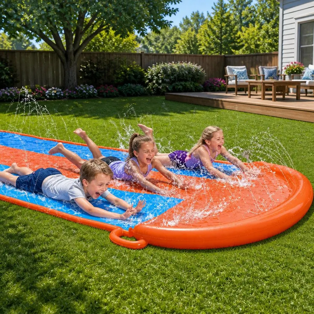 Inflatable Water Slide Orange 4.88m Triple Lanes Kids Backyard Pool Toy