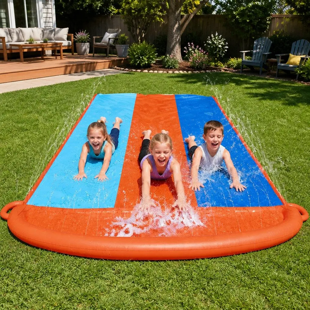 Inflatable Water Slide Orange 4.88m Triple Lanes Kids Backyard Pool Toy