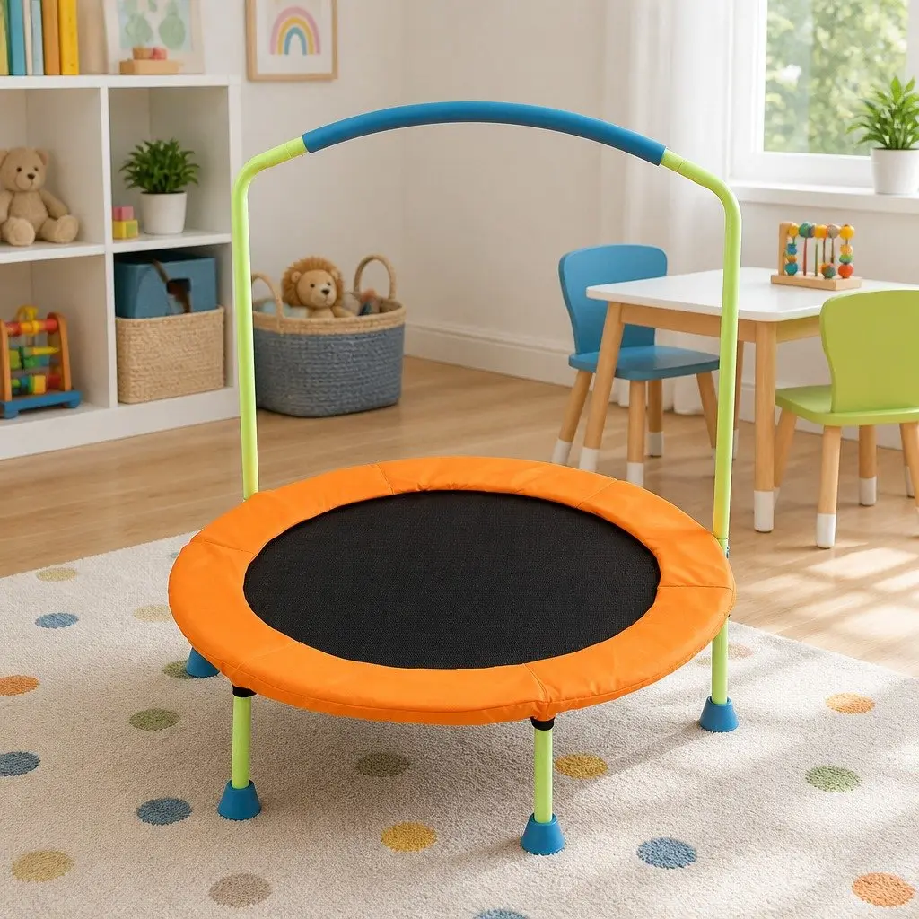 Kids Trampoline Orange 36 Inch Foldable Rebounder with Stabilizing Handlebar and Protective Padding