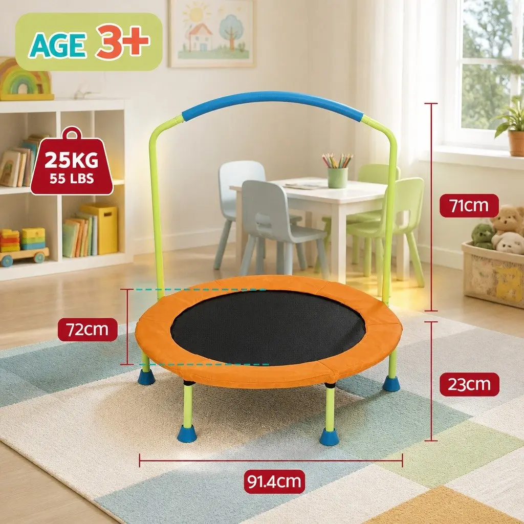 Kids Trampoline Orange 36 Inch Foldable Rebounder with Stabilizing Handlebar and Protective Padding