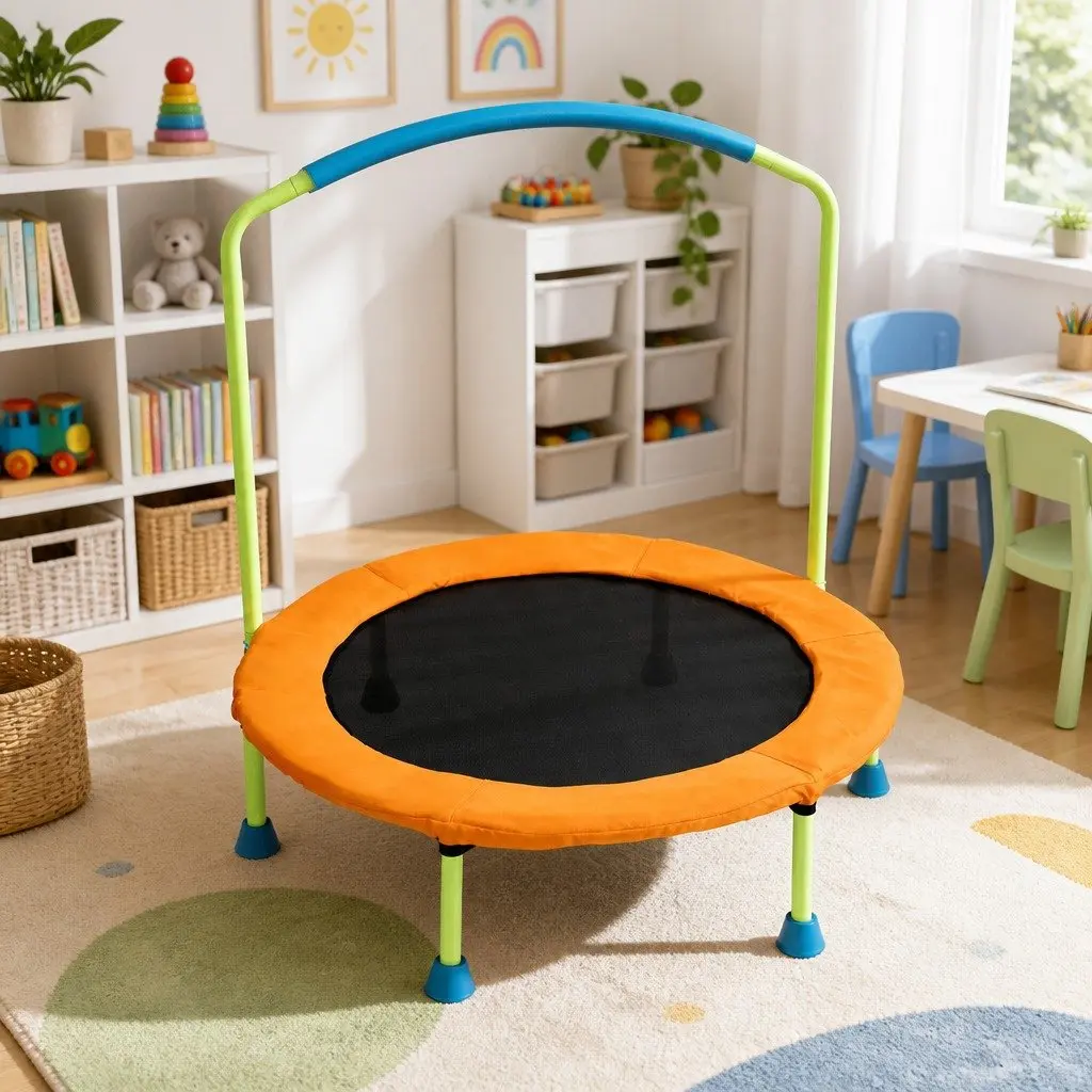 Kids Trampoline Orange 36 Inch Foldable Rebounder with Stabilizing Handlebar and Protective Padding