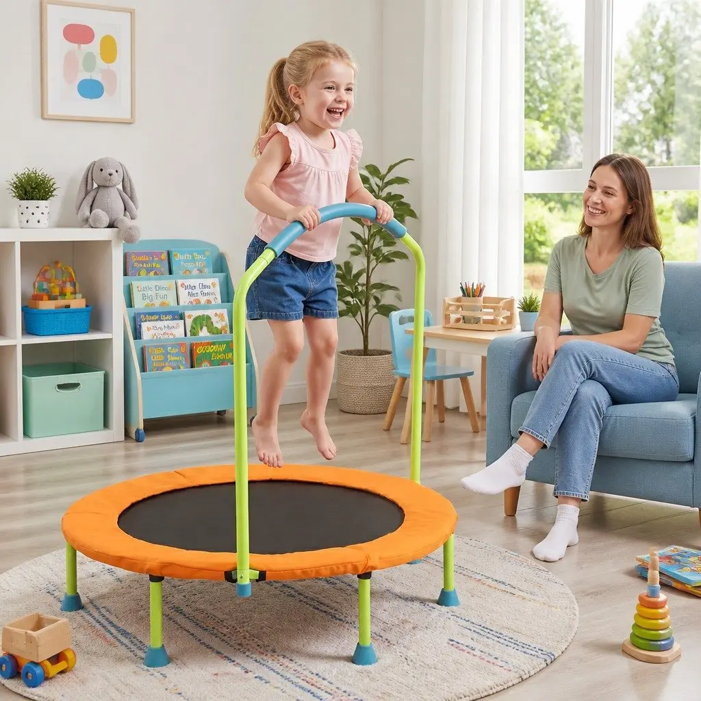 Kids Trampoline Orange 36 Inch Foldable Rebounder with Stabilizing Handlebar and Protective Padding