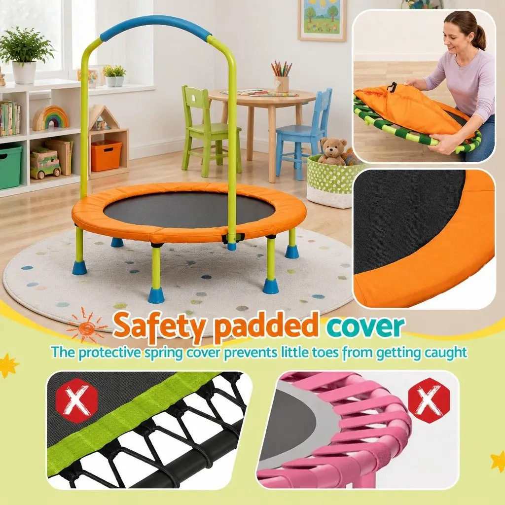 Kids Trampoline Orange 36 Inch Foldable Rebounder with Stabilizing Handlebar and Protective Padding