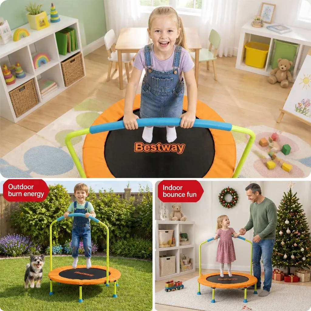 Kids Trampoline Orange 36 Inch Foldable Rebounder with Stabilizing Handlebar and Protective Padding