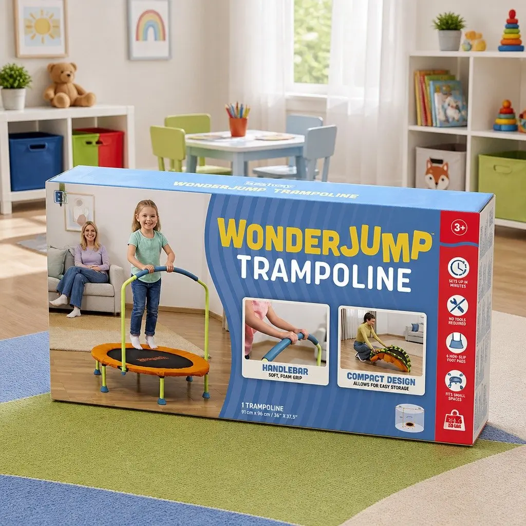 Kids Trampoline Orange 36 Inch Foldable Rebounder with Stabilizing Handlebar and Protective Padding