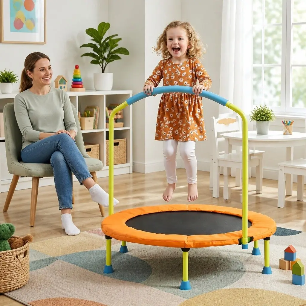 Kids Trampoline Orange 36 Inch Foldable Rebounder with Stabilizing Handlebar and Protective Padding