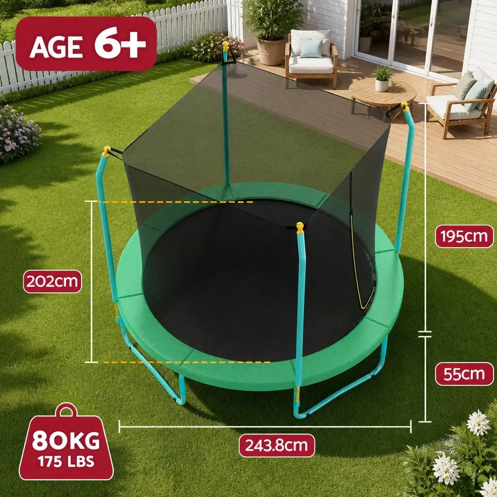 8ft Trampoline Blue Safety Net Enclosure Cushioned Jumping Mat Outdoor