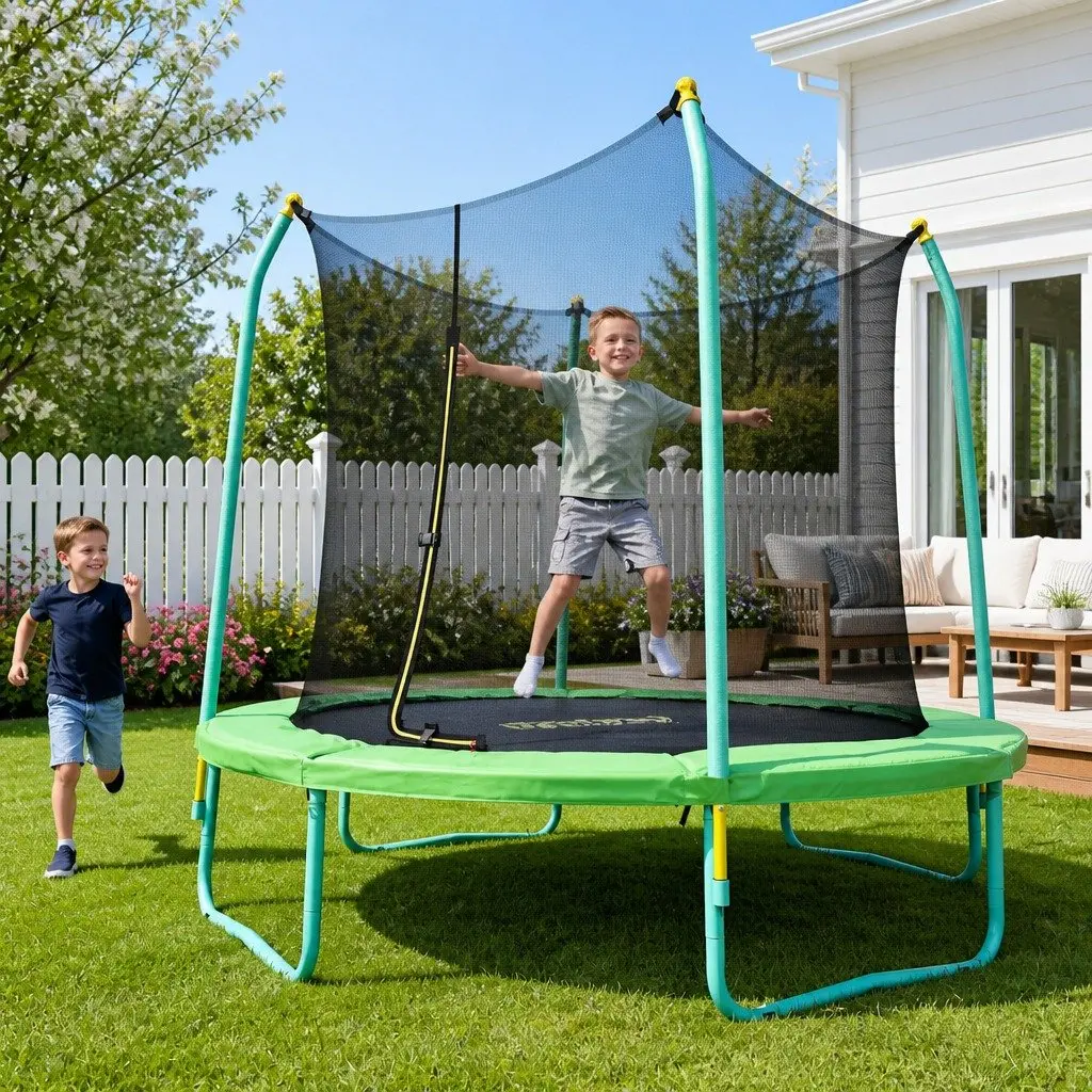 8ft Trampoline Blue Safety Net Enclosure Cushioned Jumping Mat Outdoor