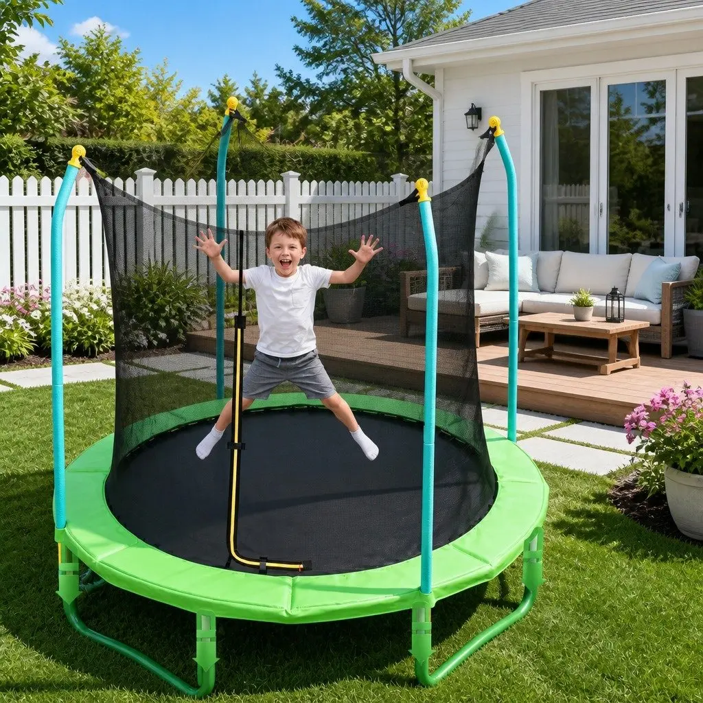8ft Trampoline Blue Safety Net Enclosure Cushioned Jumping Mat Outdoor