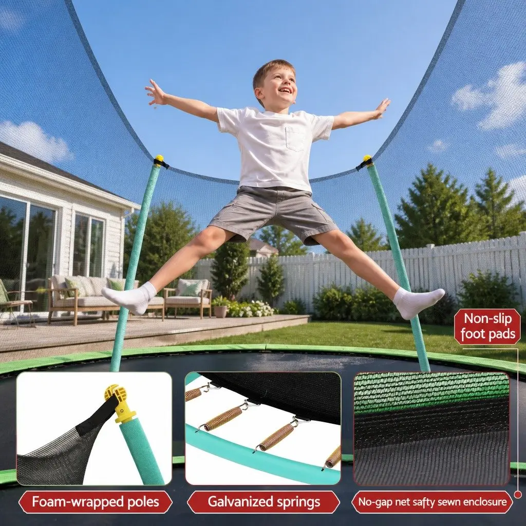 8ft Trampoline Blue Safety Net Enclosure Cushioned Jumping Mat Outdoor