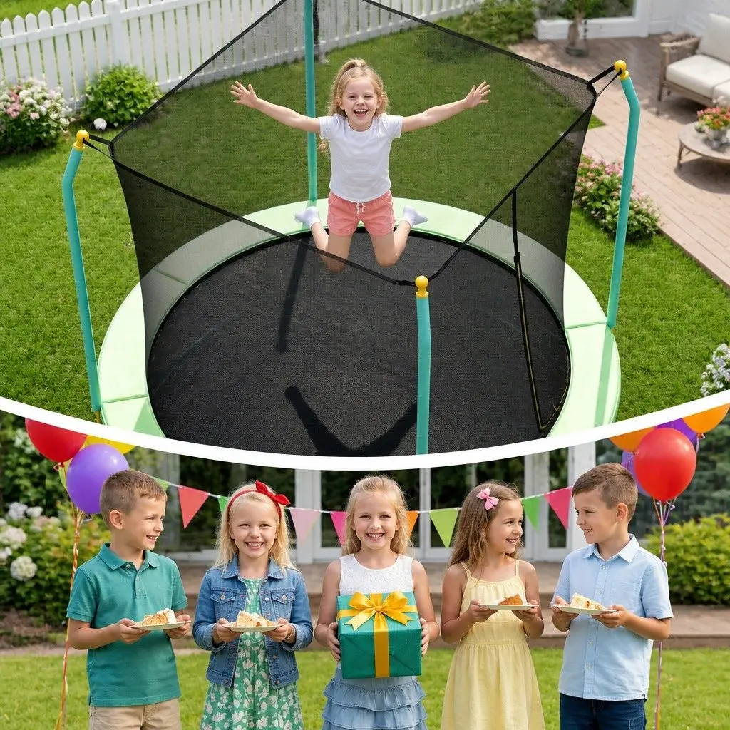 8ft Trampoline Blue Safety Net Enclosure Cushioned Jumping Mat Outdoor