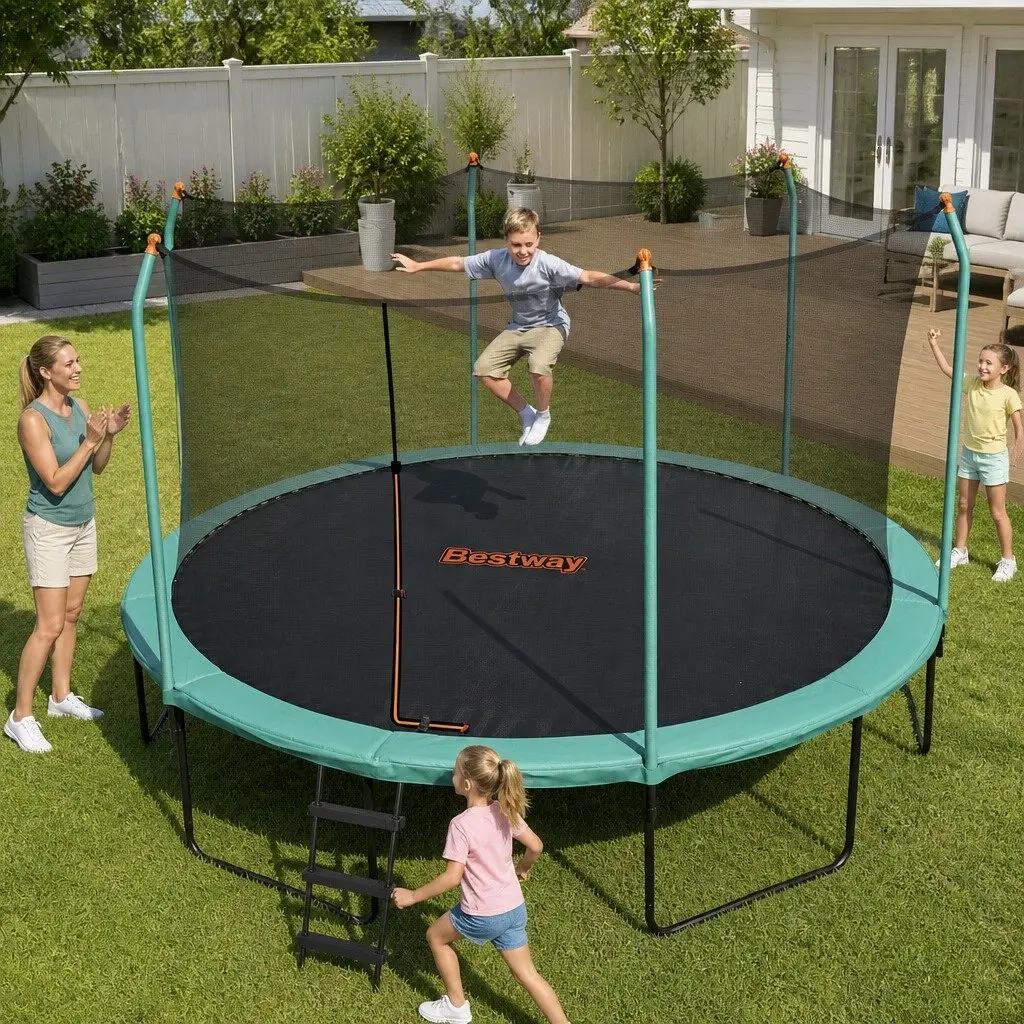 14ft Trampoline Dark Green Outdoor Safety Net Enclosure Jumping Mat