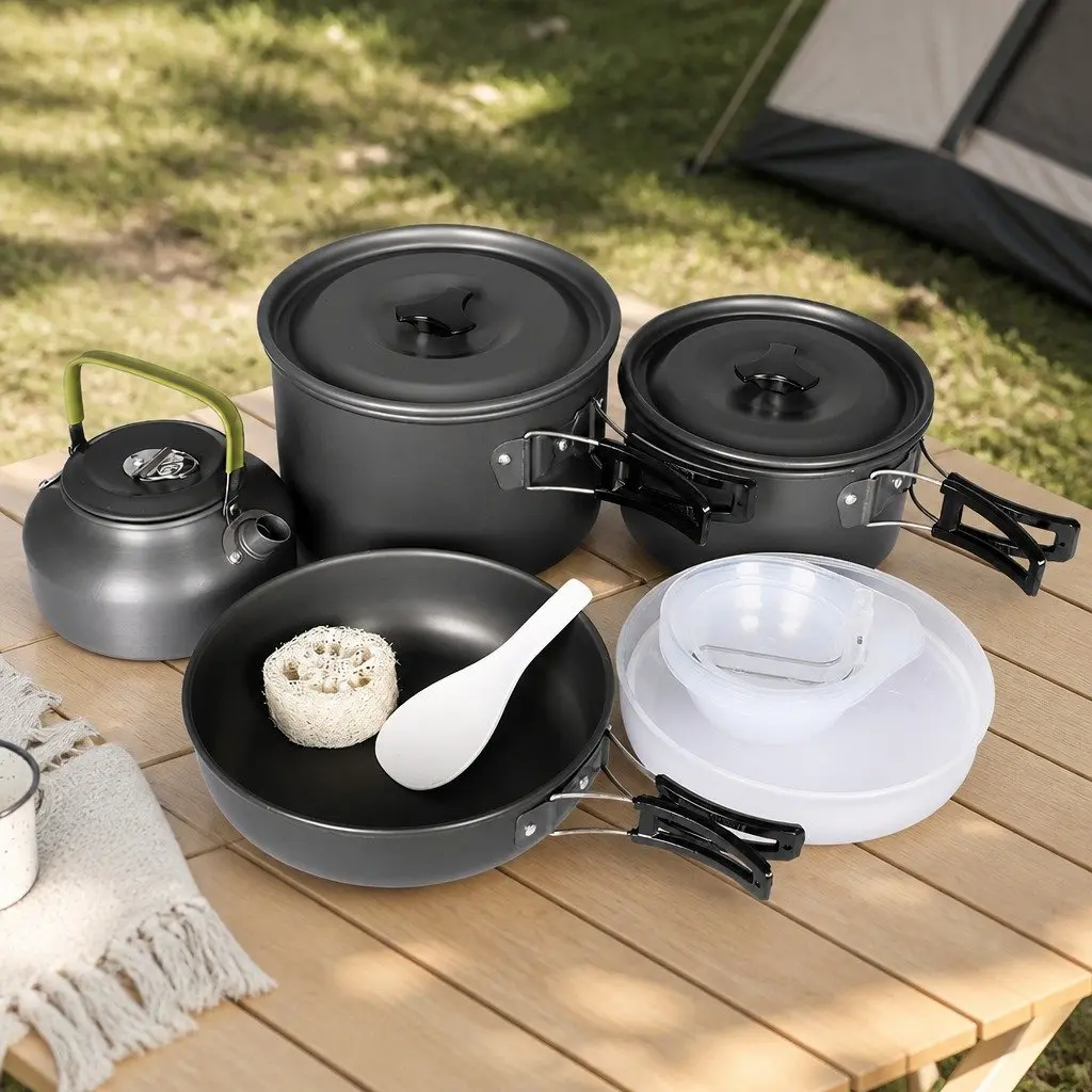 16 Piece Camping Cookware Set Silver Black Portable Outdoor Cooking Pots Pans Kettle Travel Kit