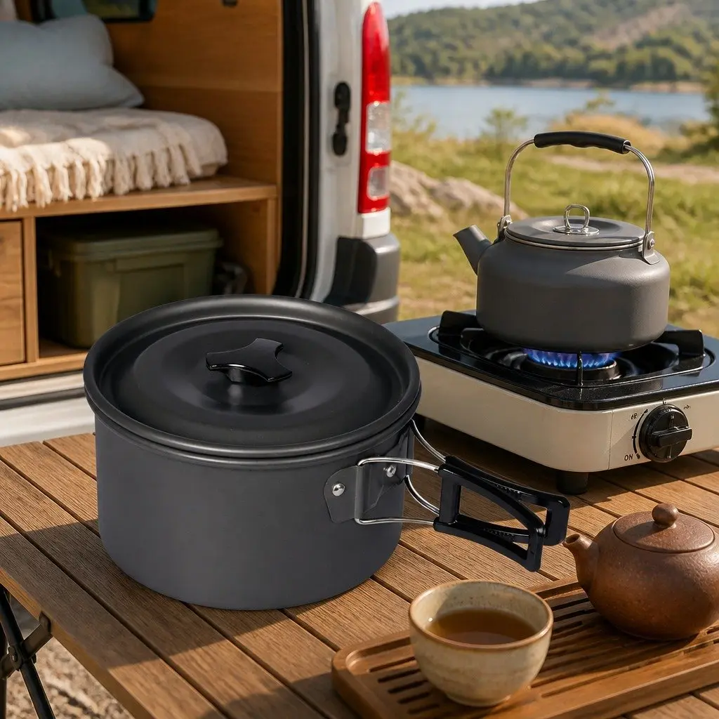 16 Piece Camping Cookware Set Silver Black Portable Outdoor Cooking Pots Pans Kettle Travel Kit