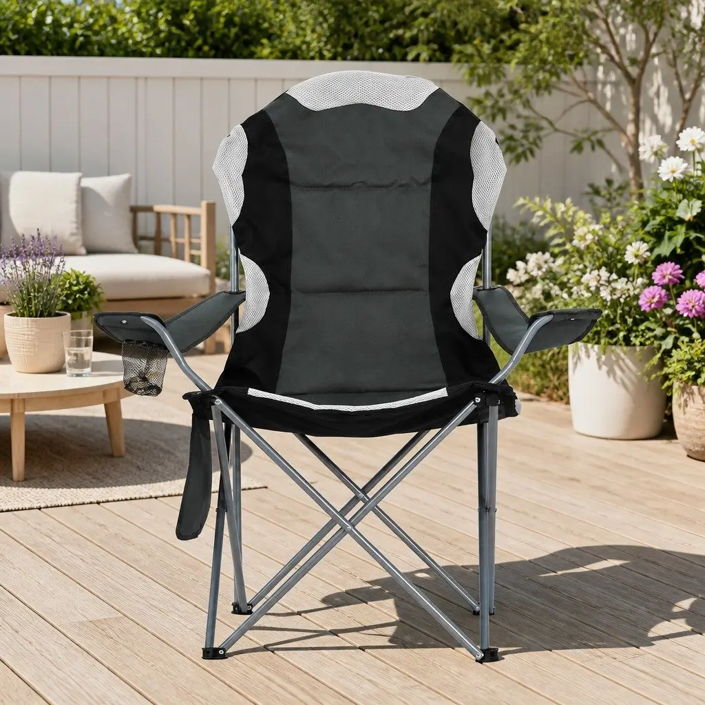 Folding Camping Chair Grey 2 Pack Portable Outdoor High Padded Back Wide Armrests