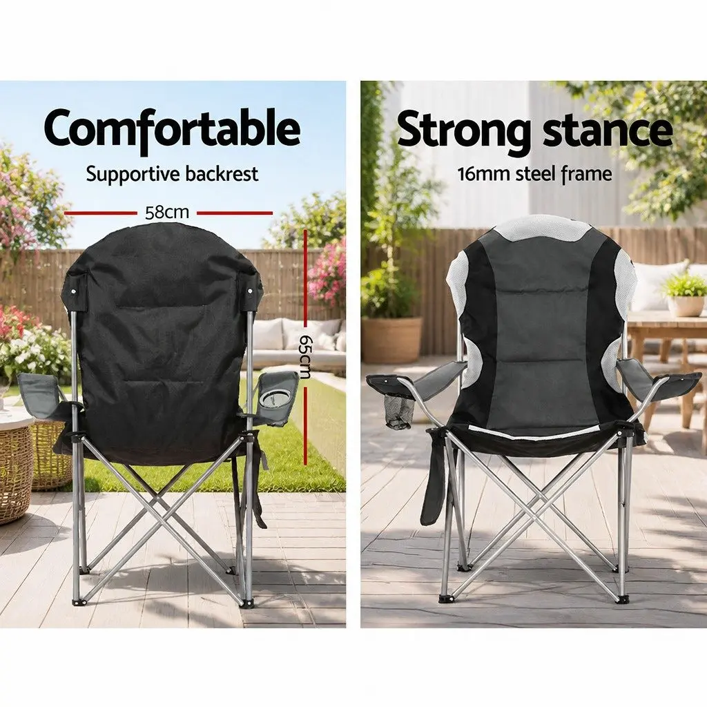 Folding Camping Chair Grey 2 Pack Portable Outdoor High Padded Back Wide Armrests