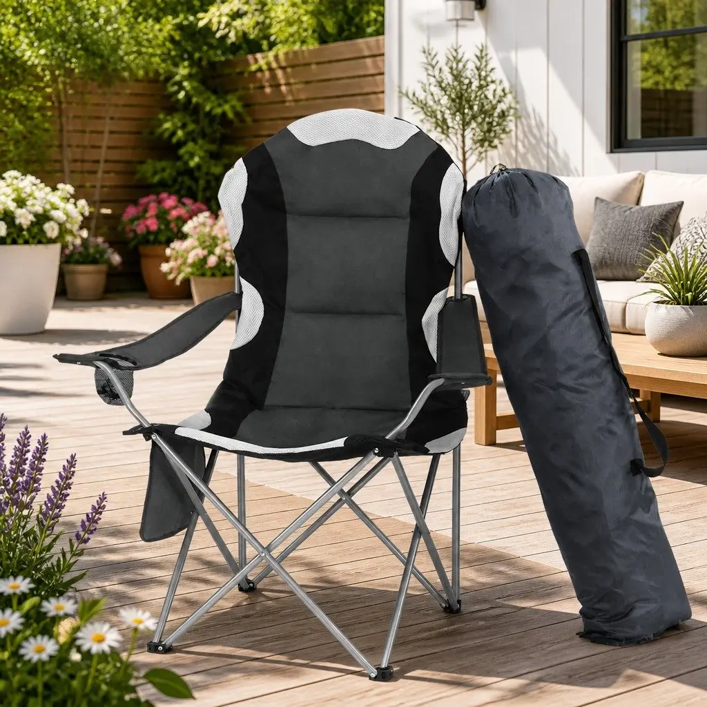Folding Camping Chair Grey 2 Pack Portable Outdoor High Padded Back Wide Armrests
