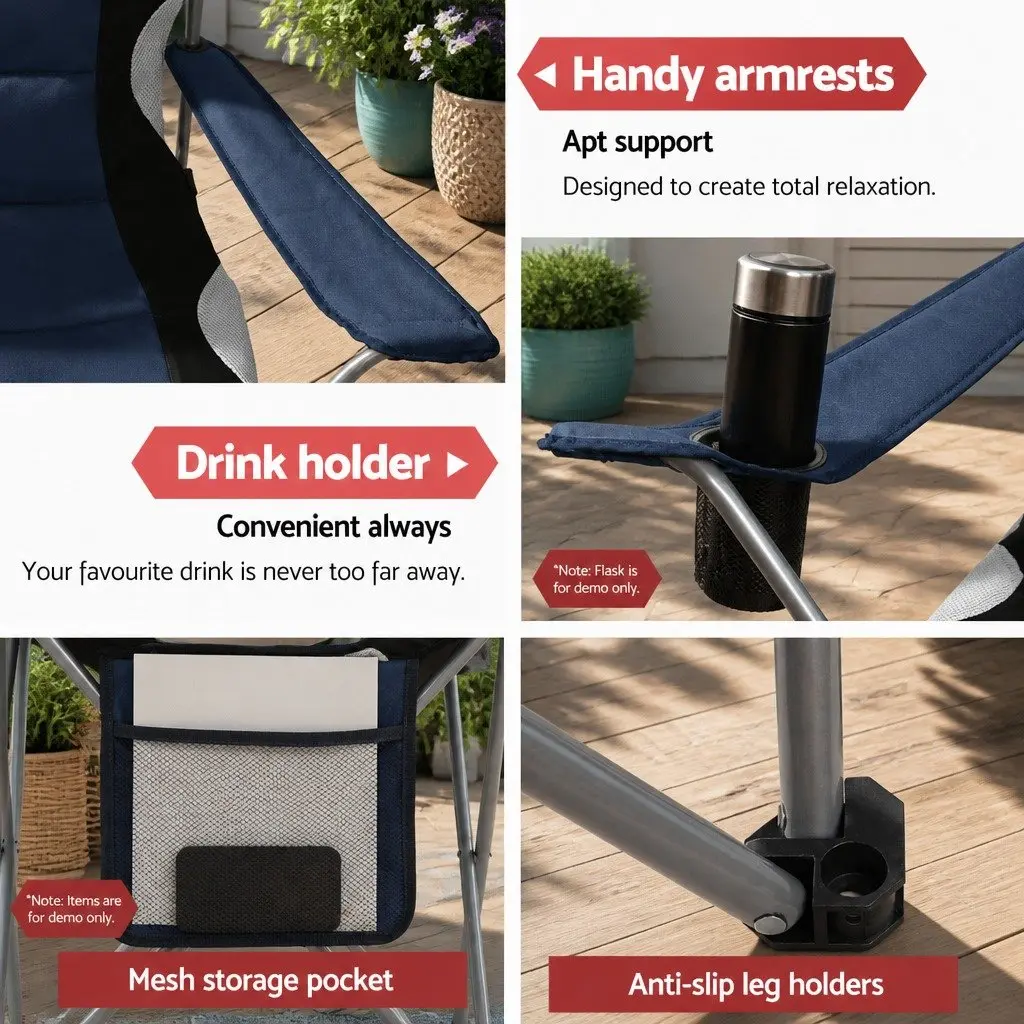 Camping Chair Navy 2pcs Portable Folding High Padded Back Wide Armrests