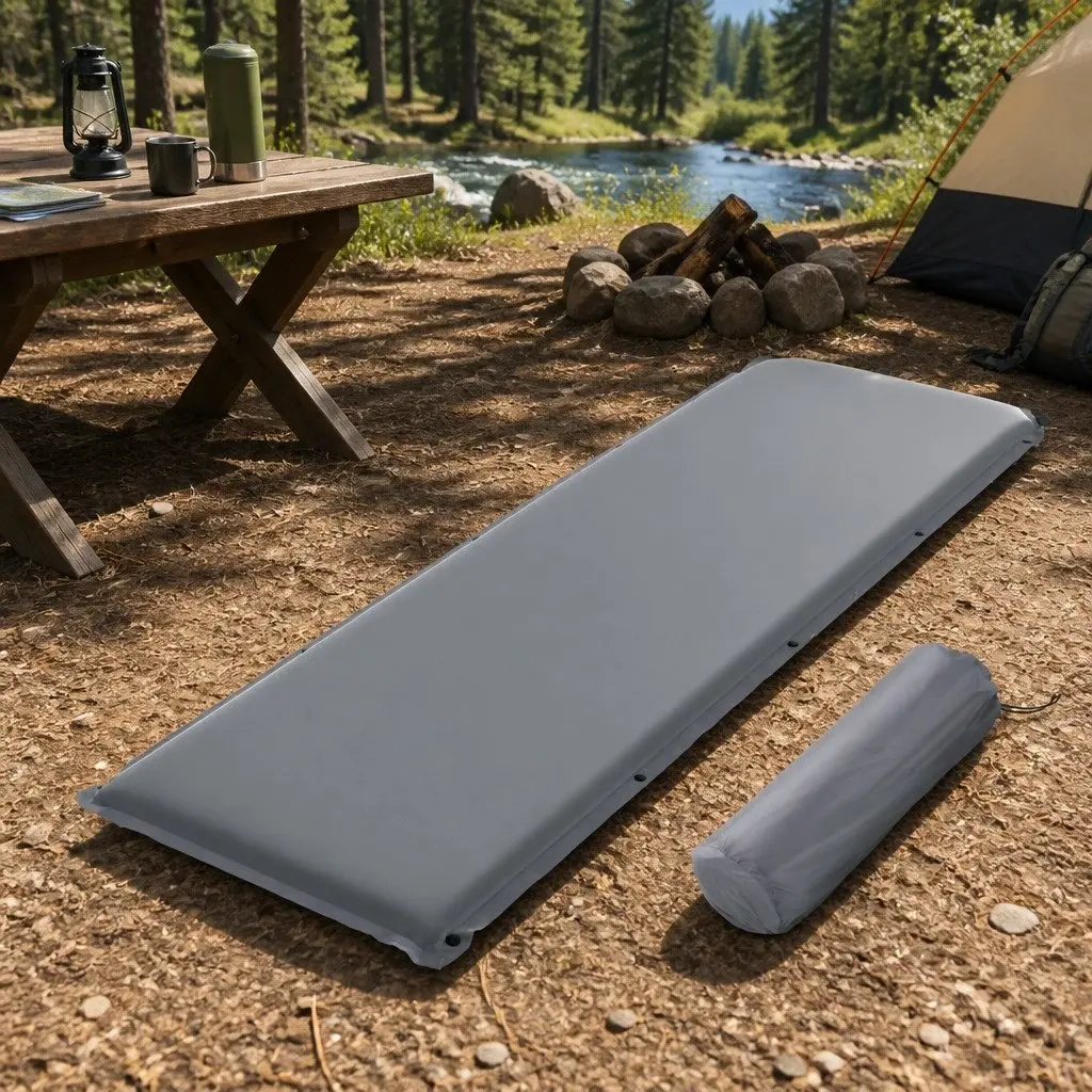 Self Inflating Camping Mattress Grey Single Portable Soft Taffeta Polyester Water Resistant 6cm Foam