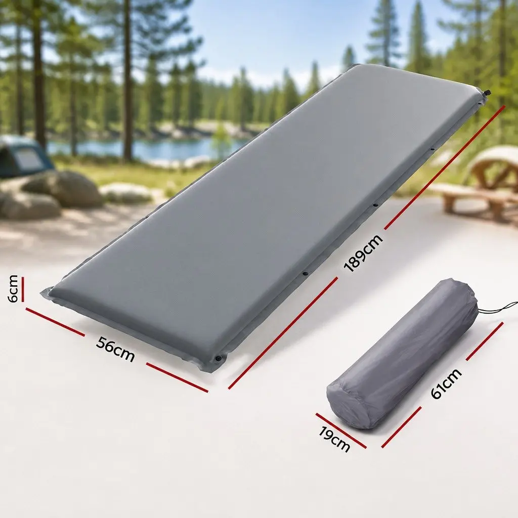 Self Inflating Camping Mattress Grey Single Portable Soft Taffeta Polyester Water Resistant 6cm Foam