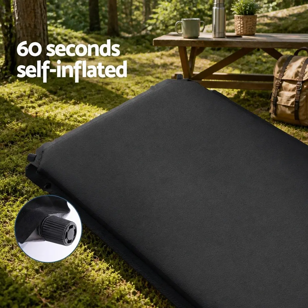 Self Inflating Mattress Black 187x66cm Soft Suede Surface Water Resistant 9.5cm Thick Foam