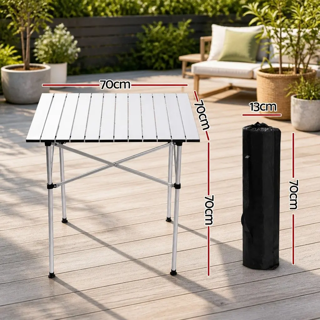 Folding Camping Table Silver 70CM Roll Up Portable Aluminium Outdoor Picnic BBQ