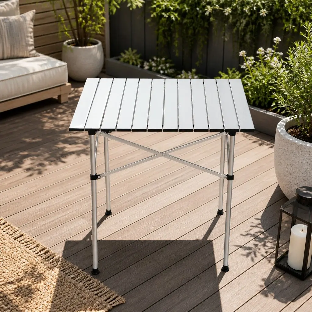 Folding Camping Table Silver 70CM Roll Up Portable Aluminium Outdoor Picnic BBQ