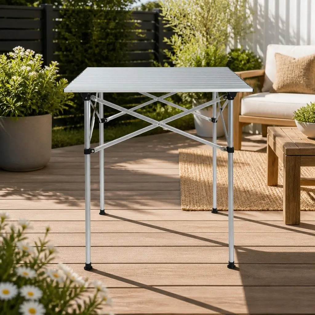 Folding Camping Table Silver 70CM Roll Up Portable Aluminium Outdoor Picnic BBQ