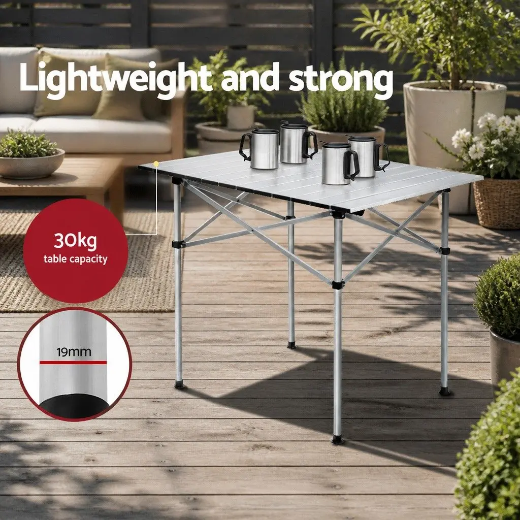 Folding Camping Table Silver 70CM Roll Up Portable Aluminium Outdoor Picnic BBQ