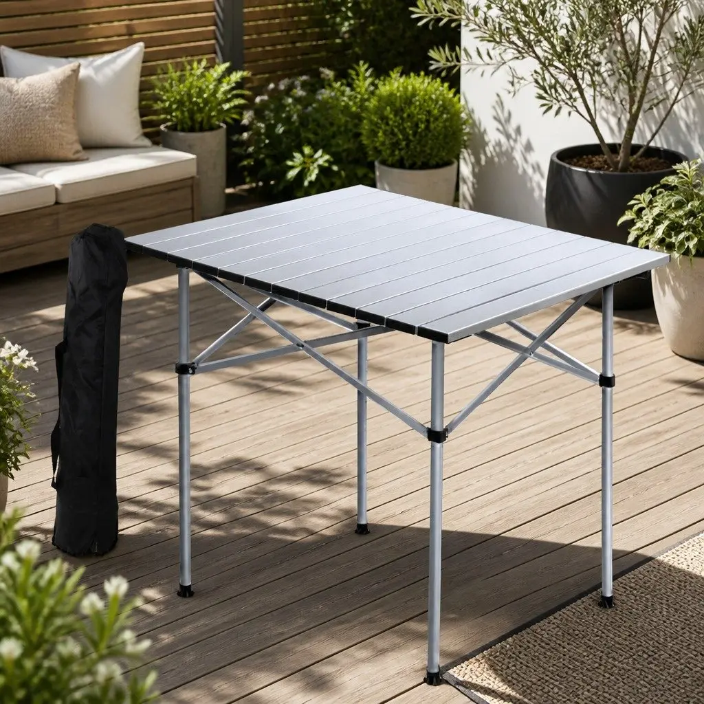 Folding Camping Table Silver 70CM Roll Up Portable Aluminium Outdoor Picnic BBQ