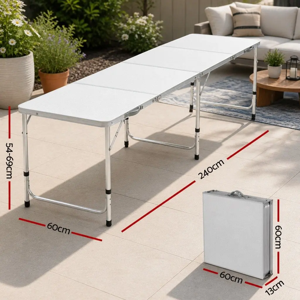 Folding Camping Table Silver 240CM Portable Aluminium Lightweight Adjustable Height