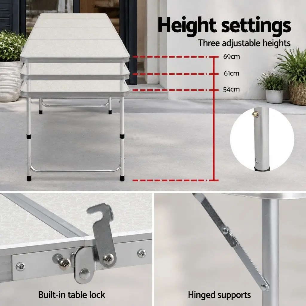 Folding Camping Table Silver 240CM Portable Aluminium Lightweight Adjustable Height