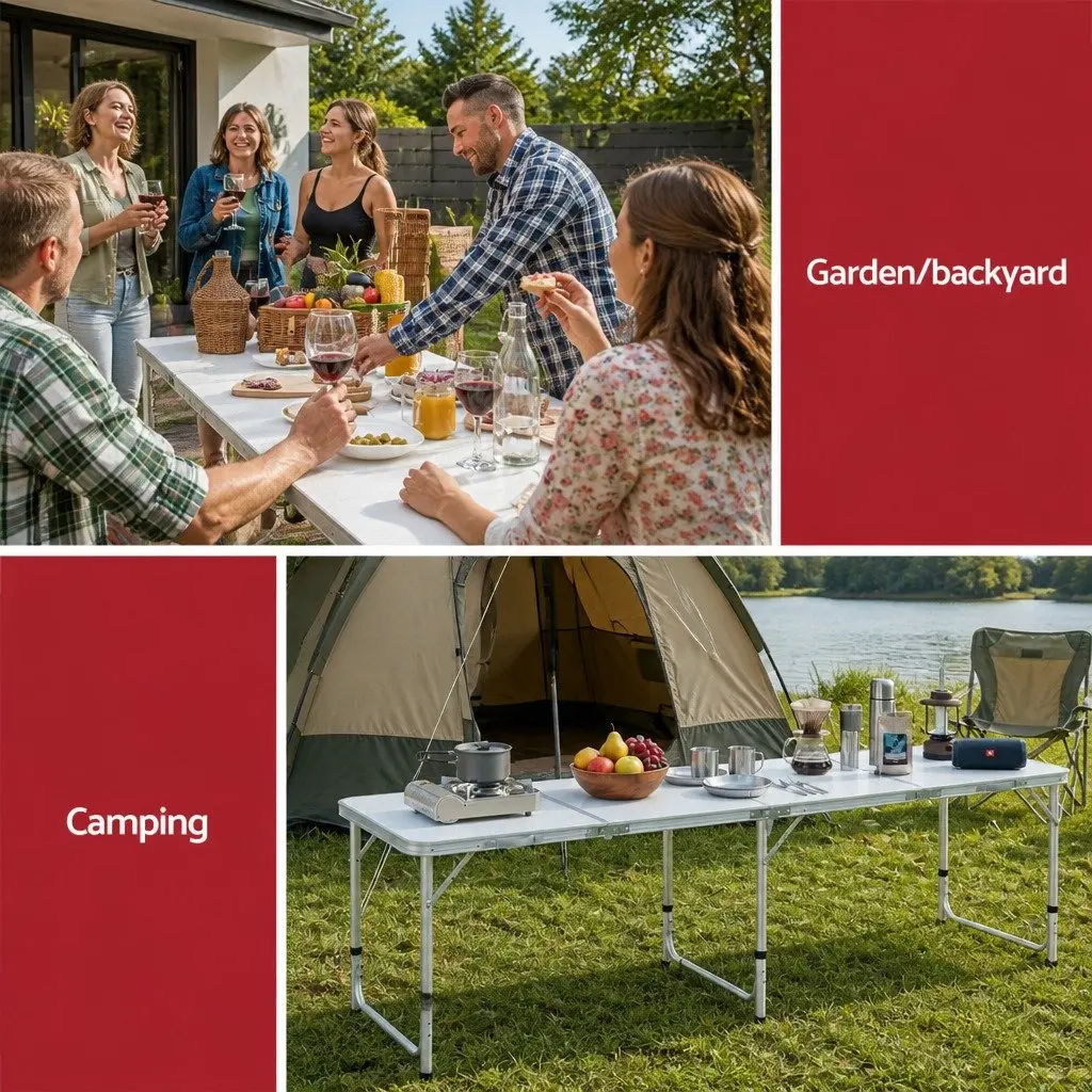 Folding Camping Table Silver 240CM Portable Aluminium Lightweight Adjustable Height