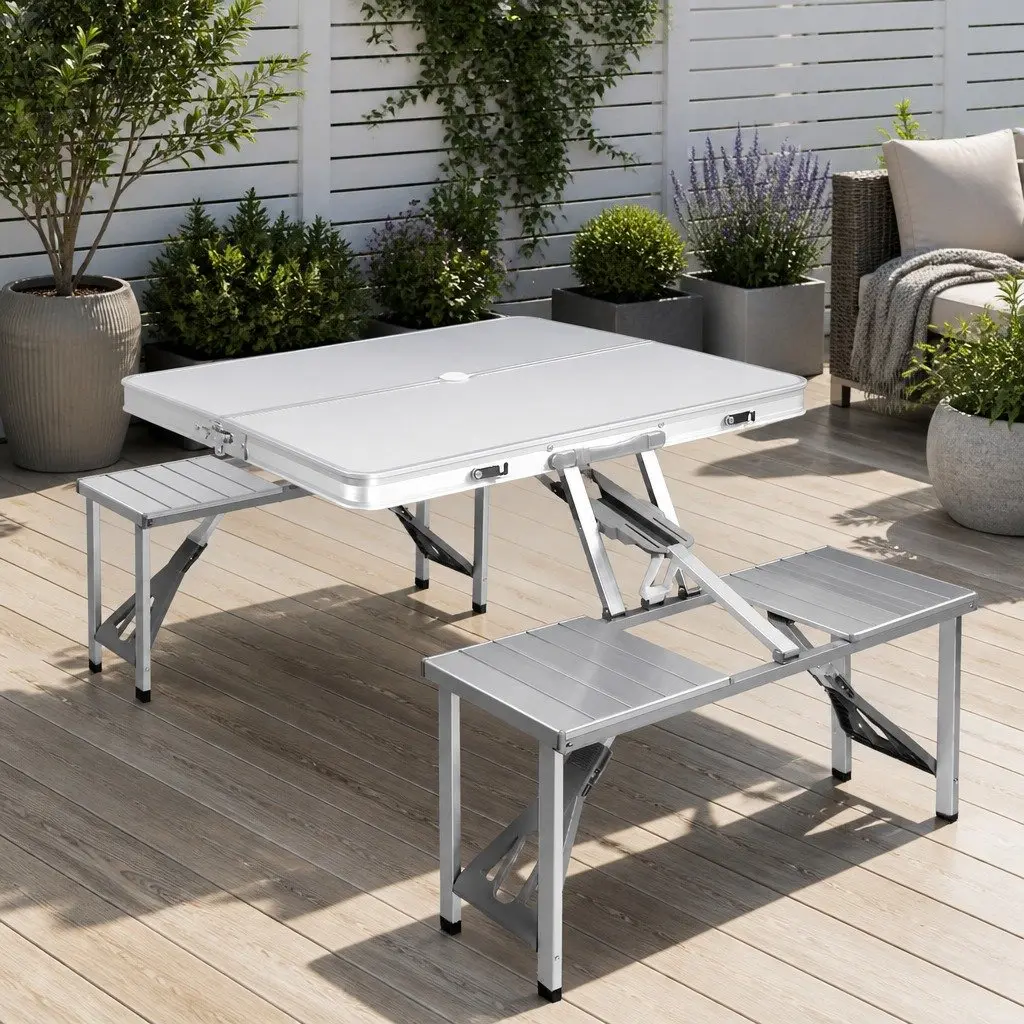 Folding Camping Table Set with 2 Bench Chairs Outdoor Picnic BBQ Table Set