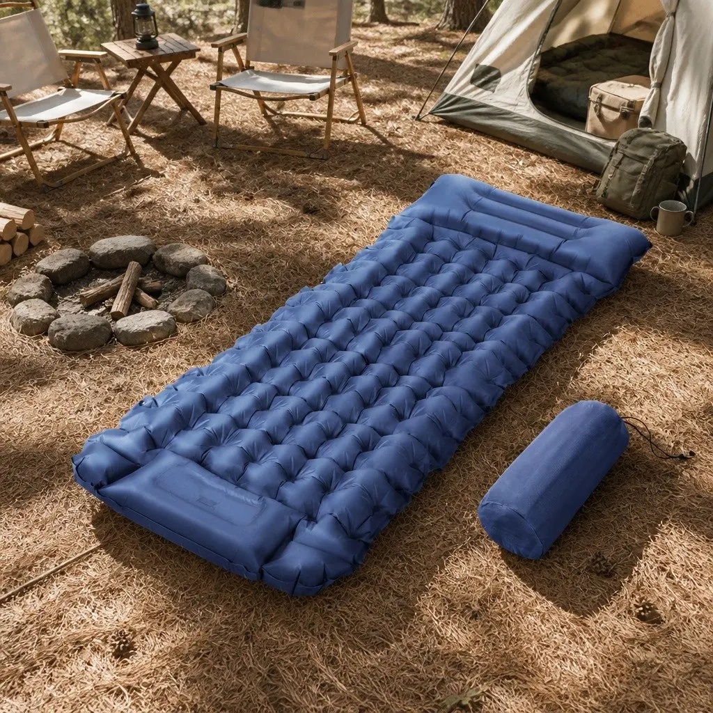 Self Inflating Sleeping Mat Blue 9cm Single Air Bed with Integrated Pillow for Camping