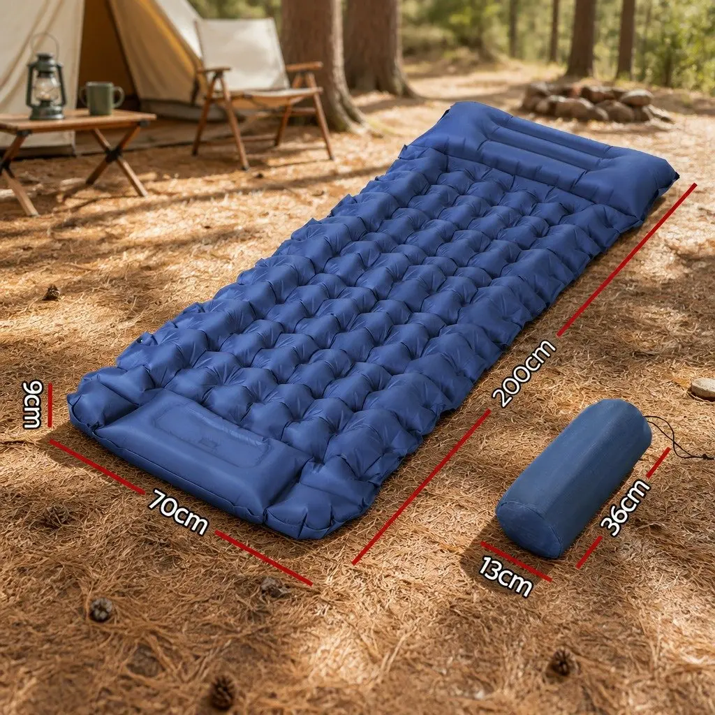 Self Inflating Sleeping Mat Blue 9cm Single Air Bed with Integrated Pillow for Camping