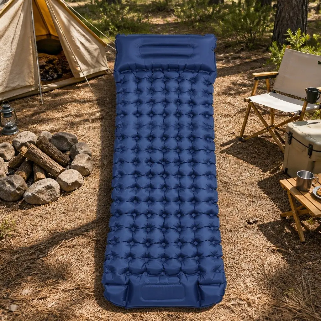 Self Inflating Sleeping Mat Blue 9cm Single Air Bed with Integrated Pillow for Camping