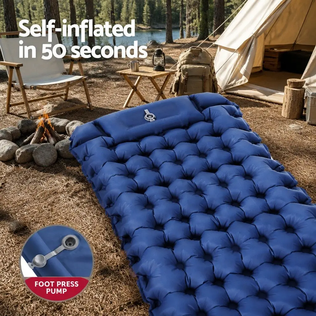 Self Inflating Sleeping Mat Blue 9cm Single Air Bed with Integrated Pillow for Camping