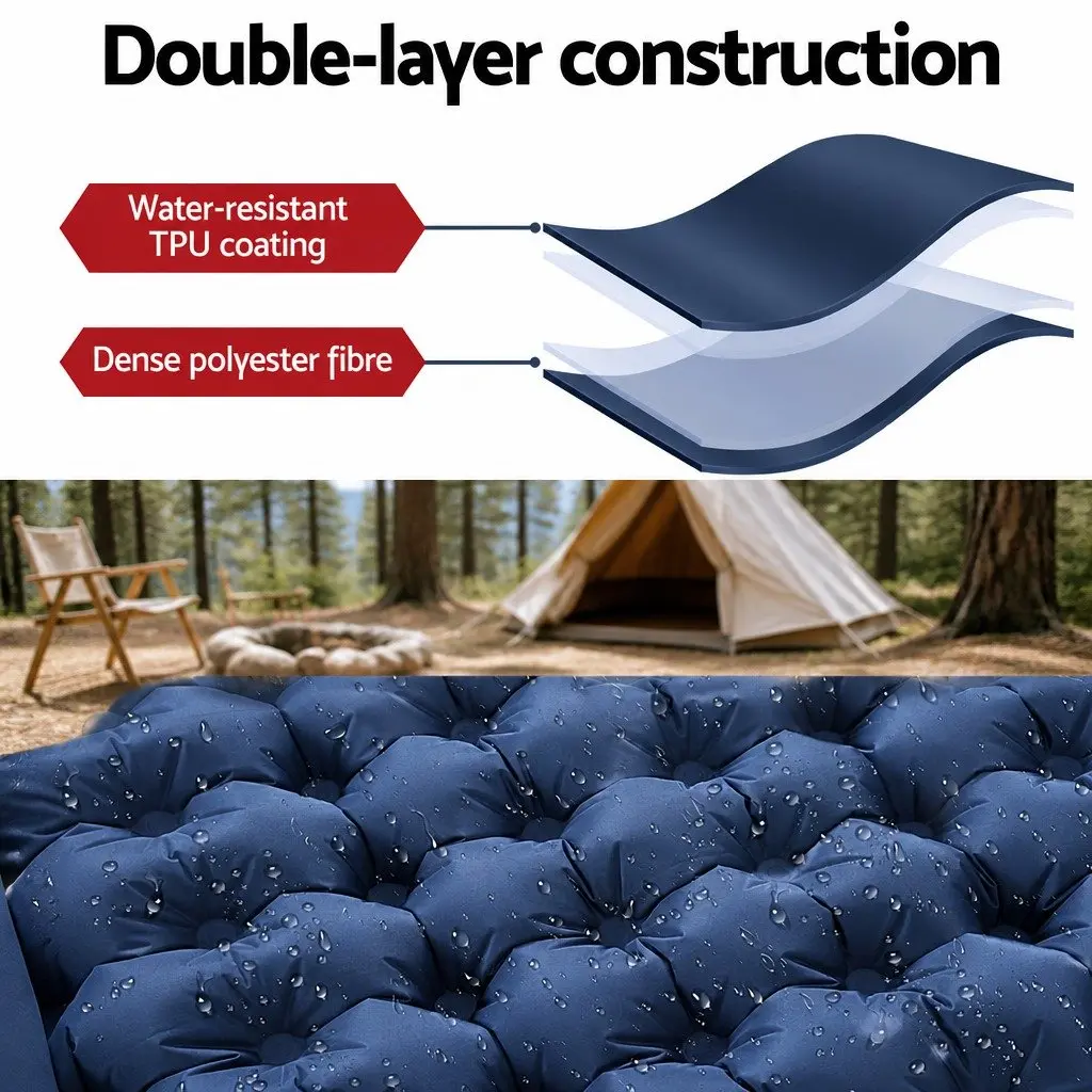 Self Inflating Sleeping Mat Blue 9cm Single Air Bed with Integrated Pillow for Camping