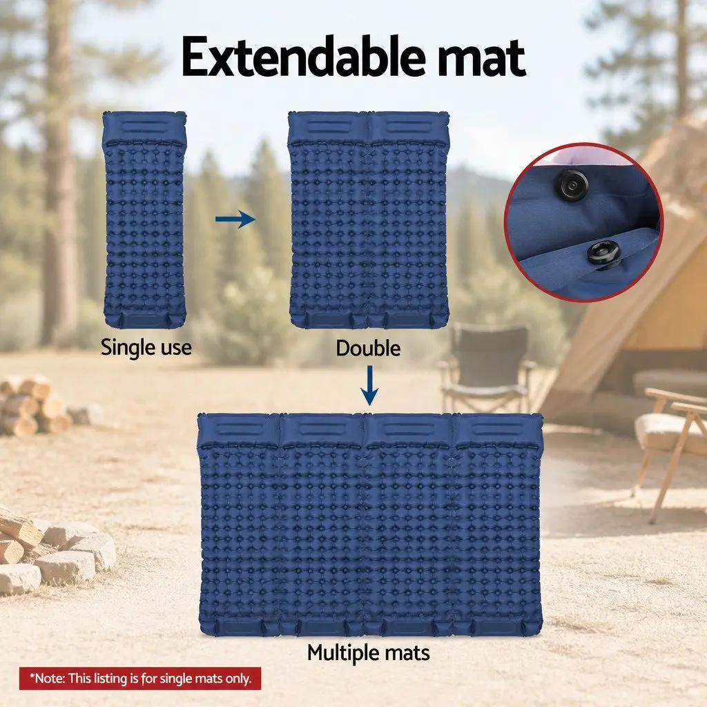 Self Inflating Sleeping Mat Blue 9cm Single Air Bed with Integrated Pillow for Camping