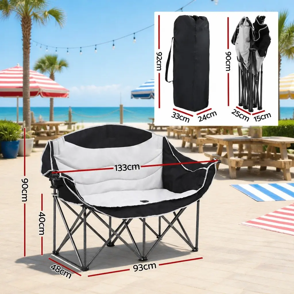 Double Folding Moon Chair White Black Portable Outdoor Relaxation Two Person 600D Oxford Fabric Reinforced Iron Frame