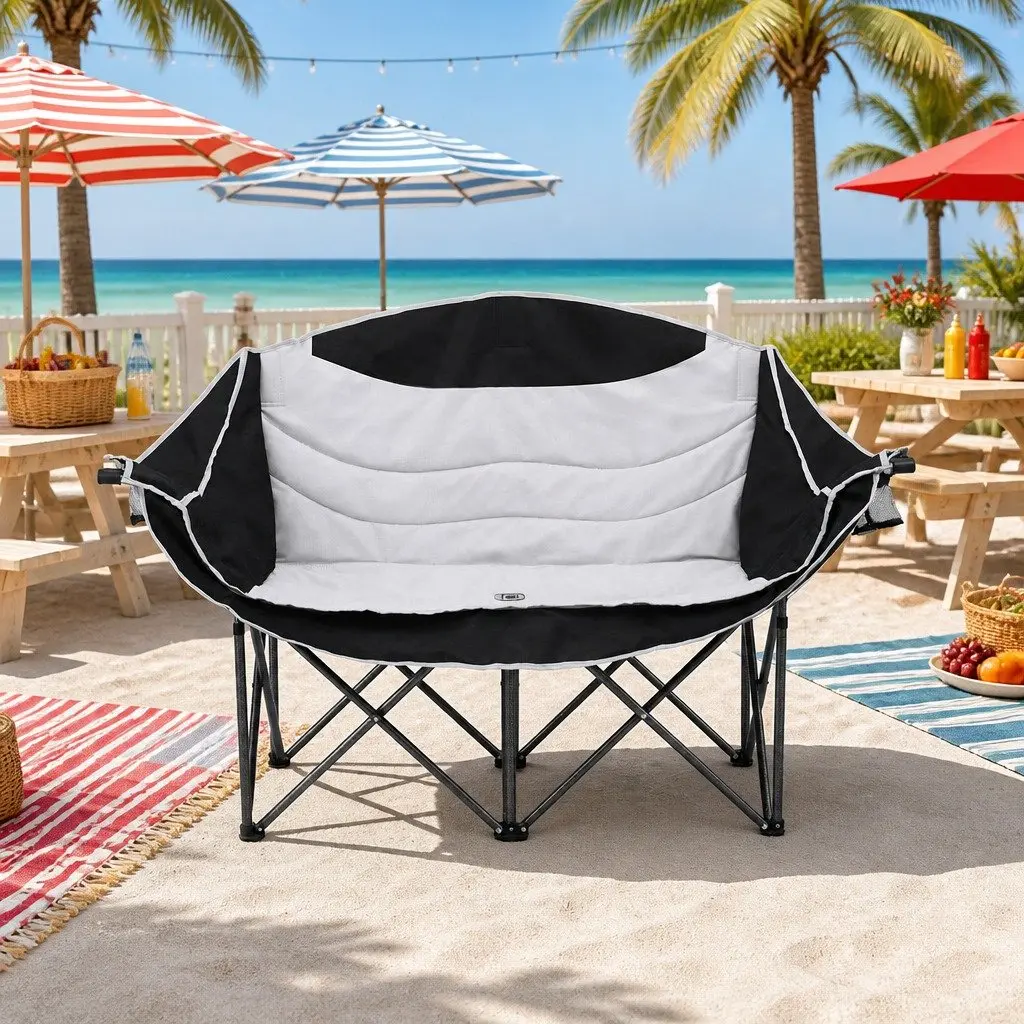 Double Folding Moon Chair White Black Portable Outdoor Relaxation Two Person 600D Oxford Fabric Reinforced Iron Frame