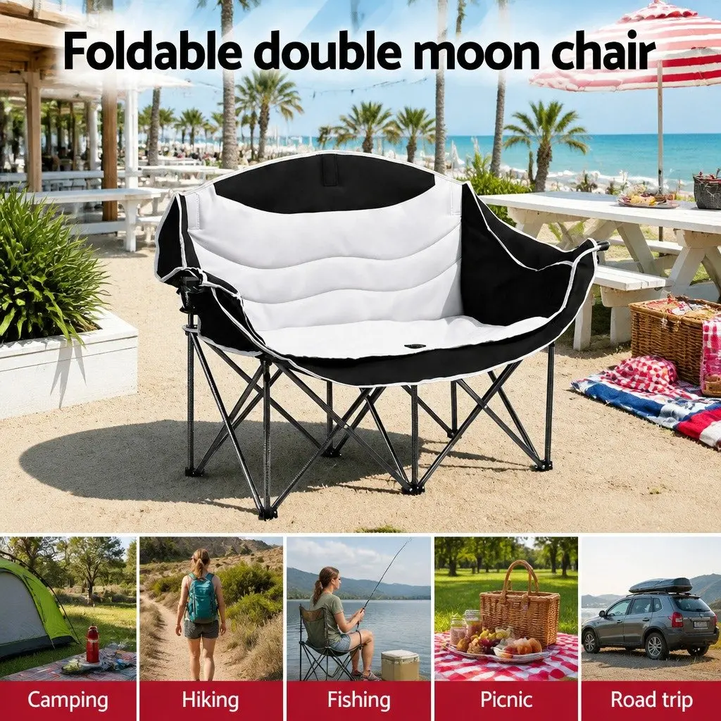 Double Folding Moon Chair White Black Portable Outdoor Relaxation Two Person 600D Oxford Fabric Reinforced Iron Frame