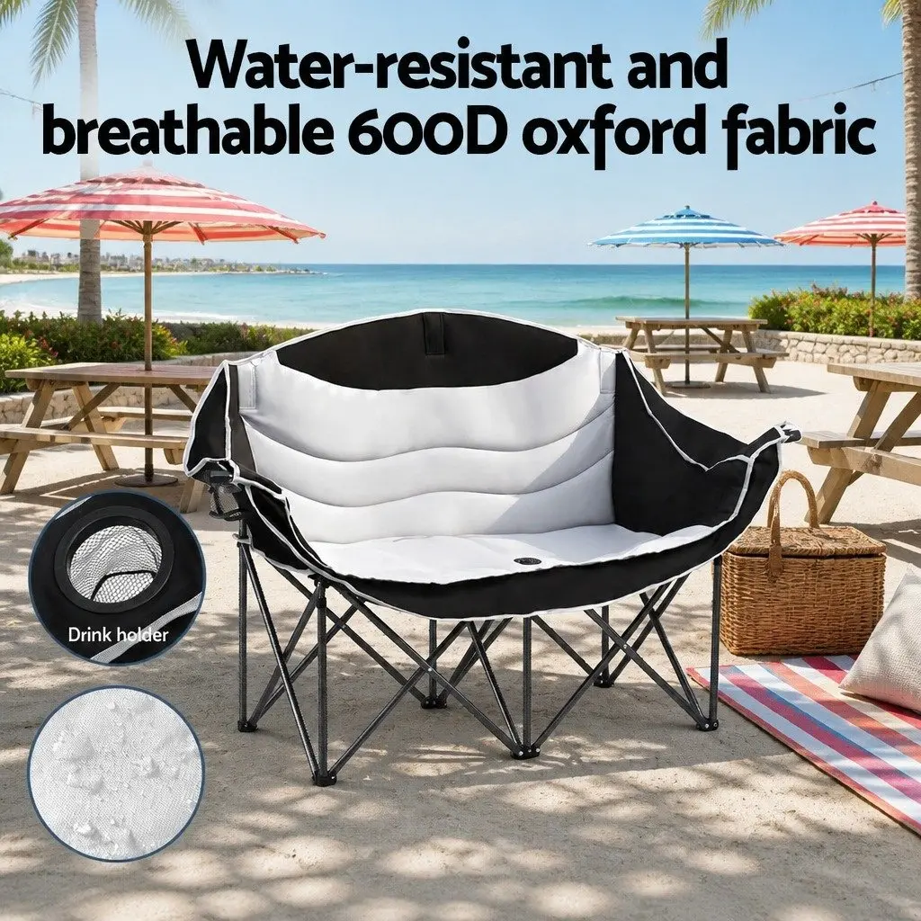 Double Folding Moon Chair White Black Portable Outdoor Relaxation Two Person 600D Oxford Fabric Reinforced Iron Frame