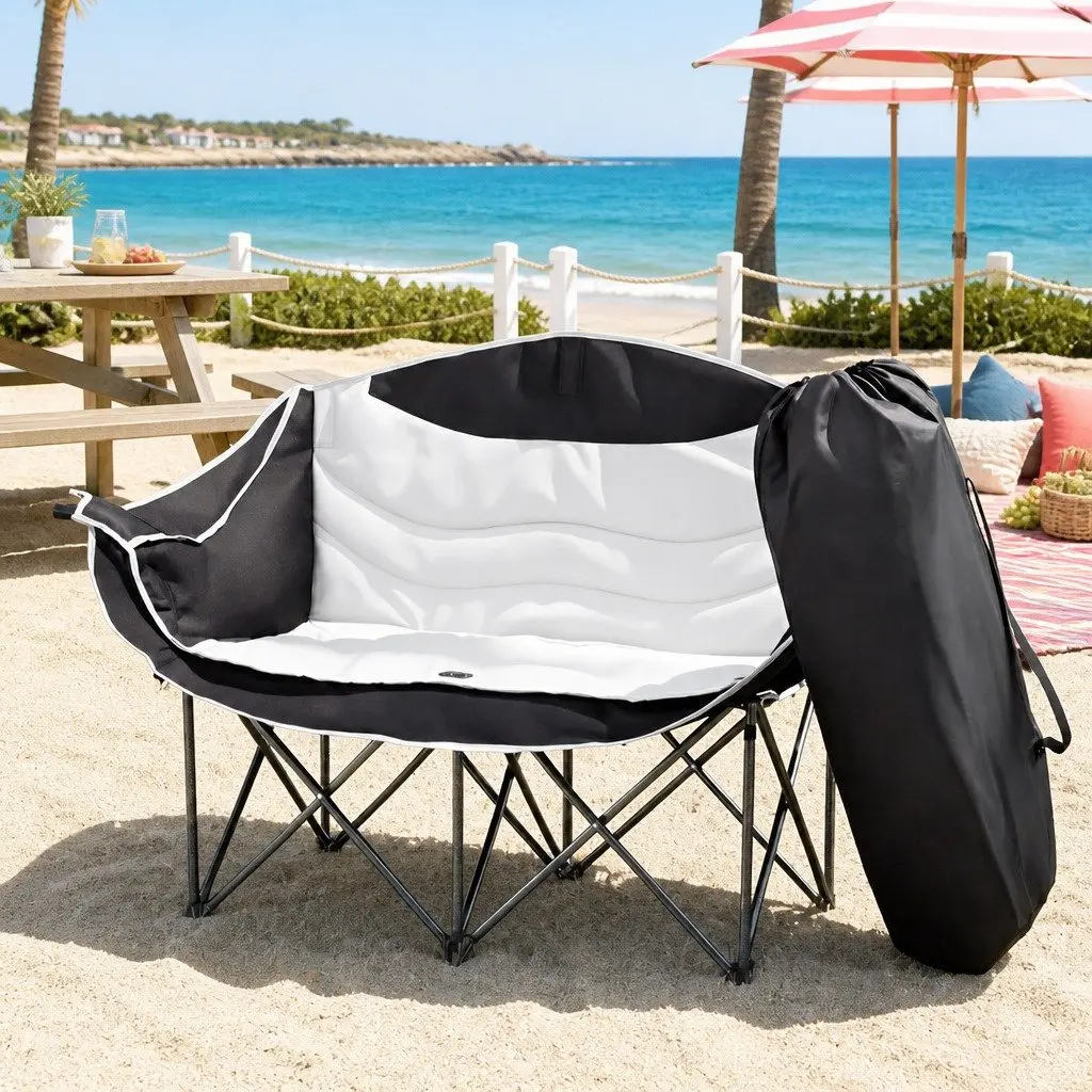 Double Folding Moon Chair White Black Portable Outdoor Relaxation Two Person 600D Oxford Fabric Reinforced Iron Frame